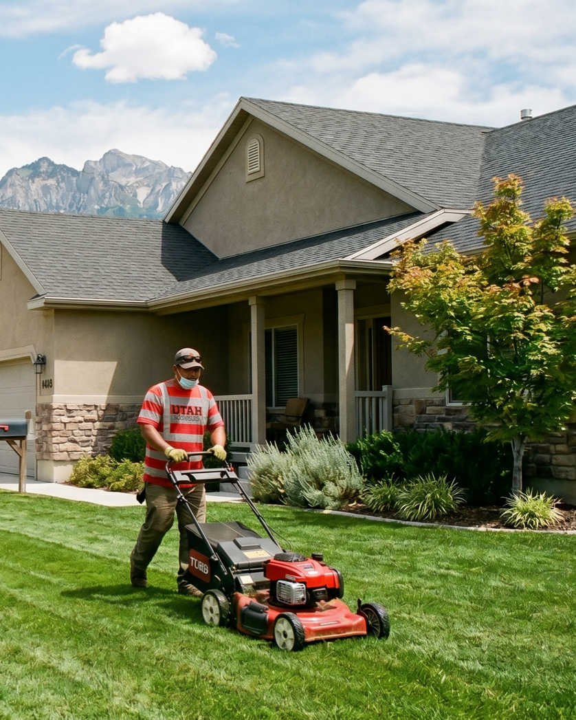 A man is mowing the grass on the side of the road