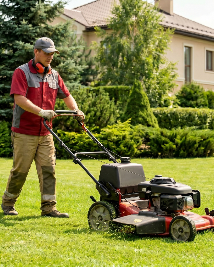 A man is riding a lawn mower down a sidewalk