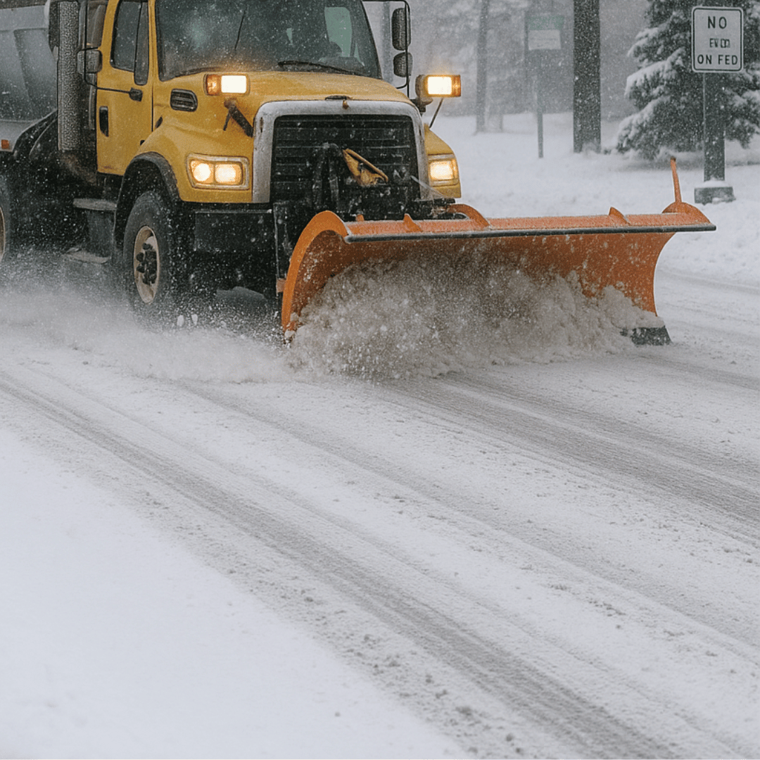 Yellow snowplow clearing snow from a road during a snowstorm.