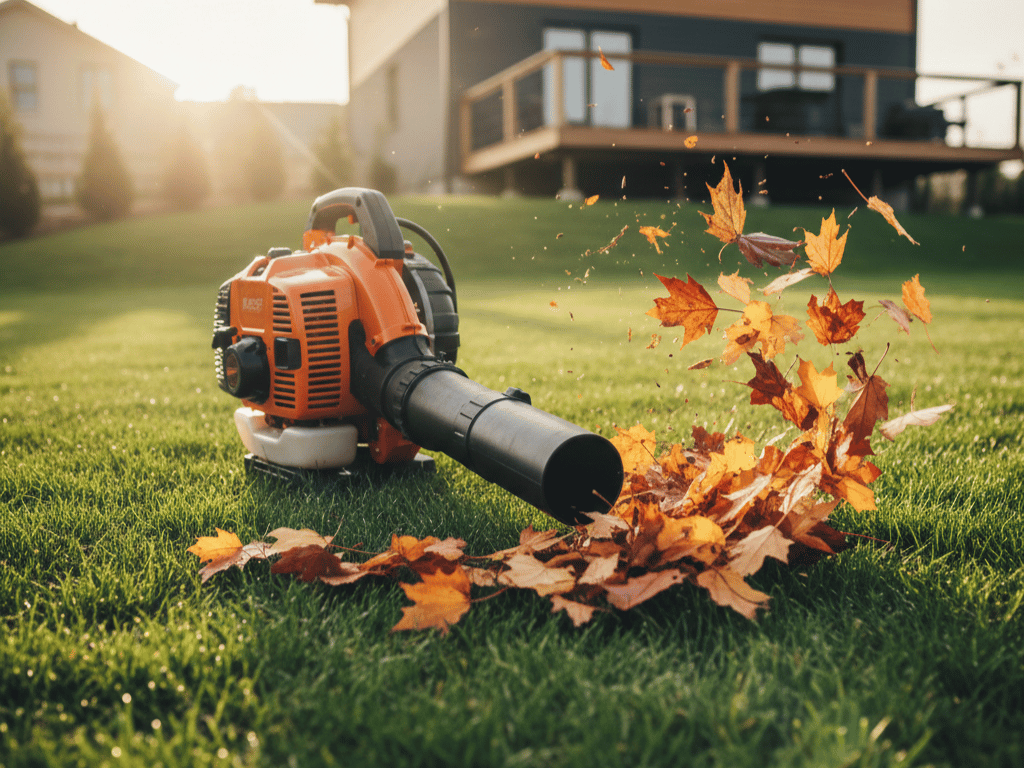 Leaf blower clearing fallen leaves during a fall yard cleanup service in Cottonwood Heights, Utah