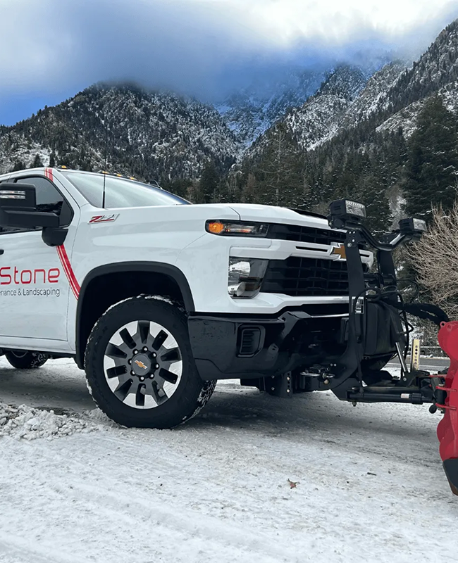 A white truck with a snow plow attached to it is parked in the snow.