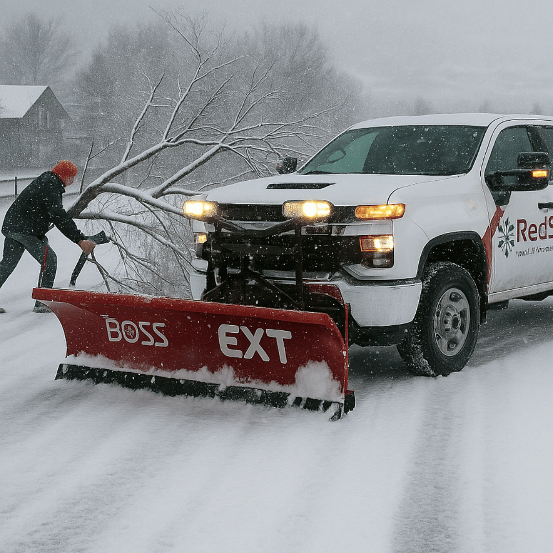 RedStone snow removal truck plowing a residential driveway during a winter storm in Centerville, Utah
