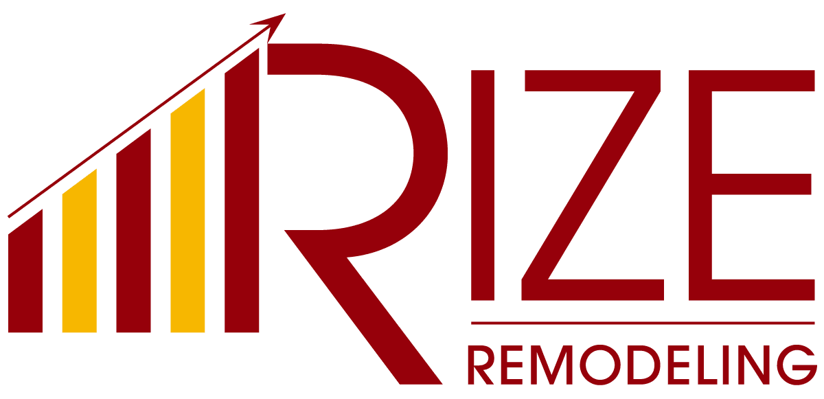 Rize Remodeling logo with red and gold rising bars and stylized red text