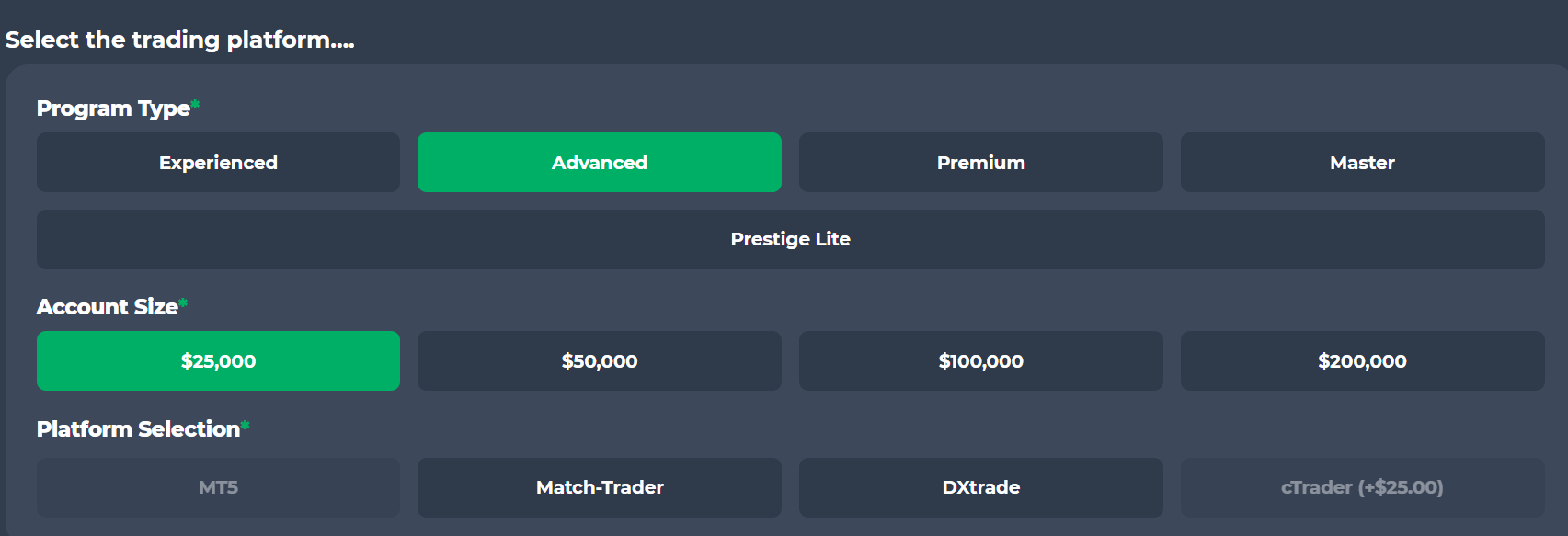 Funded Trading Plus: Steps to chose an account size. Funded Trading Plus: Steps to chose an account size.