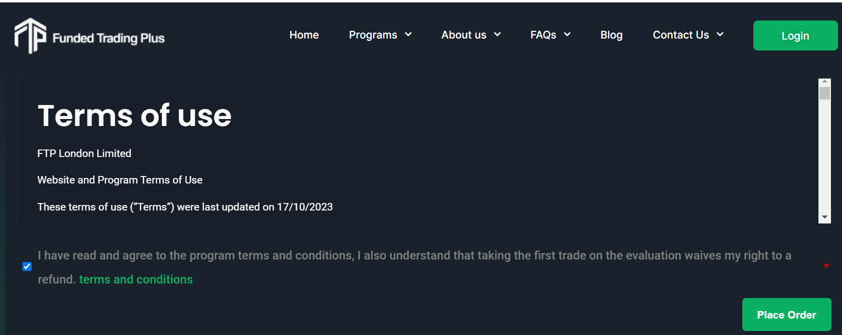 Funded Trading Plus screenshot of placing order. Funded Trading Plus screenshot of placing order.