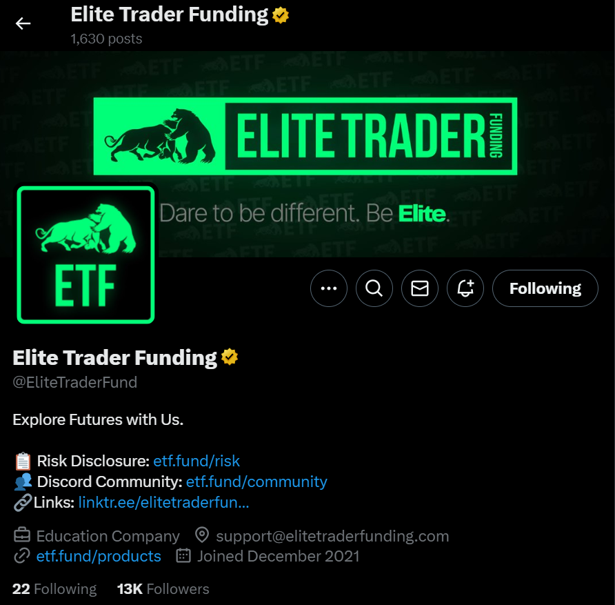 Elite Trader Funding Twitter page Elite Trader Funding Twitter page