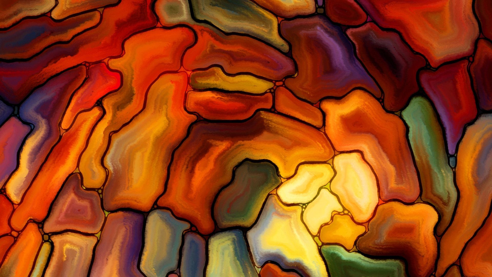 Abstract stained-glass-style swirls in warm reds, oranges, and yellow with dark outlines