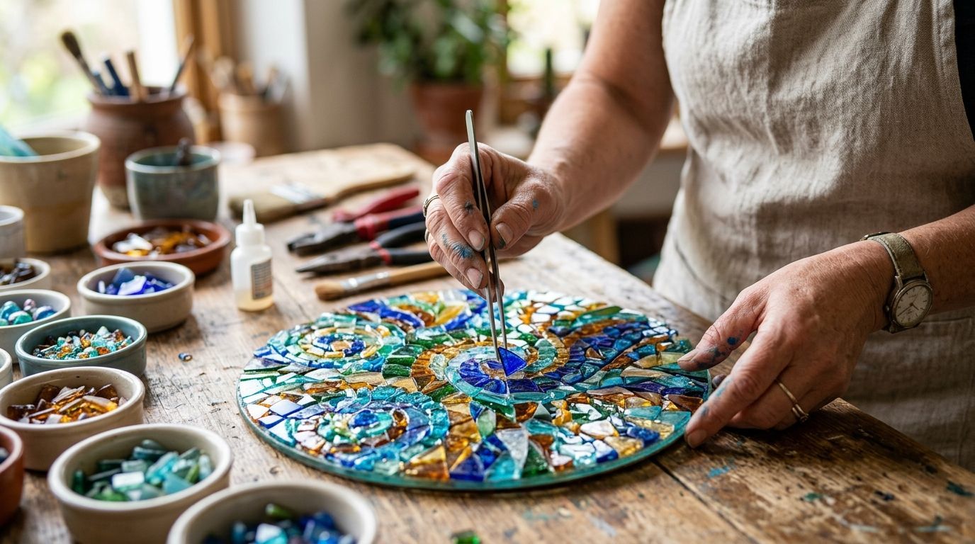 Artist painting a colorful mosaic on a round table with paint bowls and brushes nearby