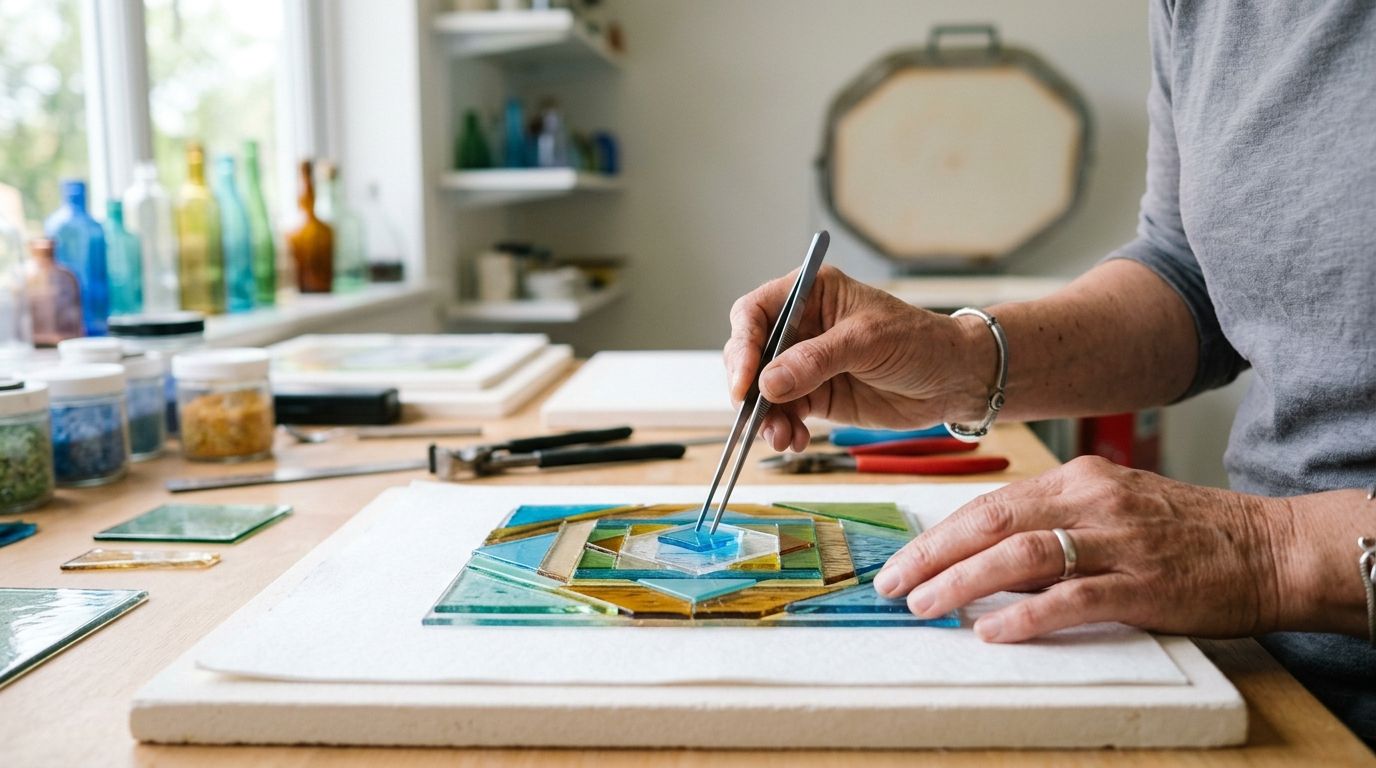 Hands painting a small square canvas at a craft table with brushes and colorful art supplies.