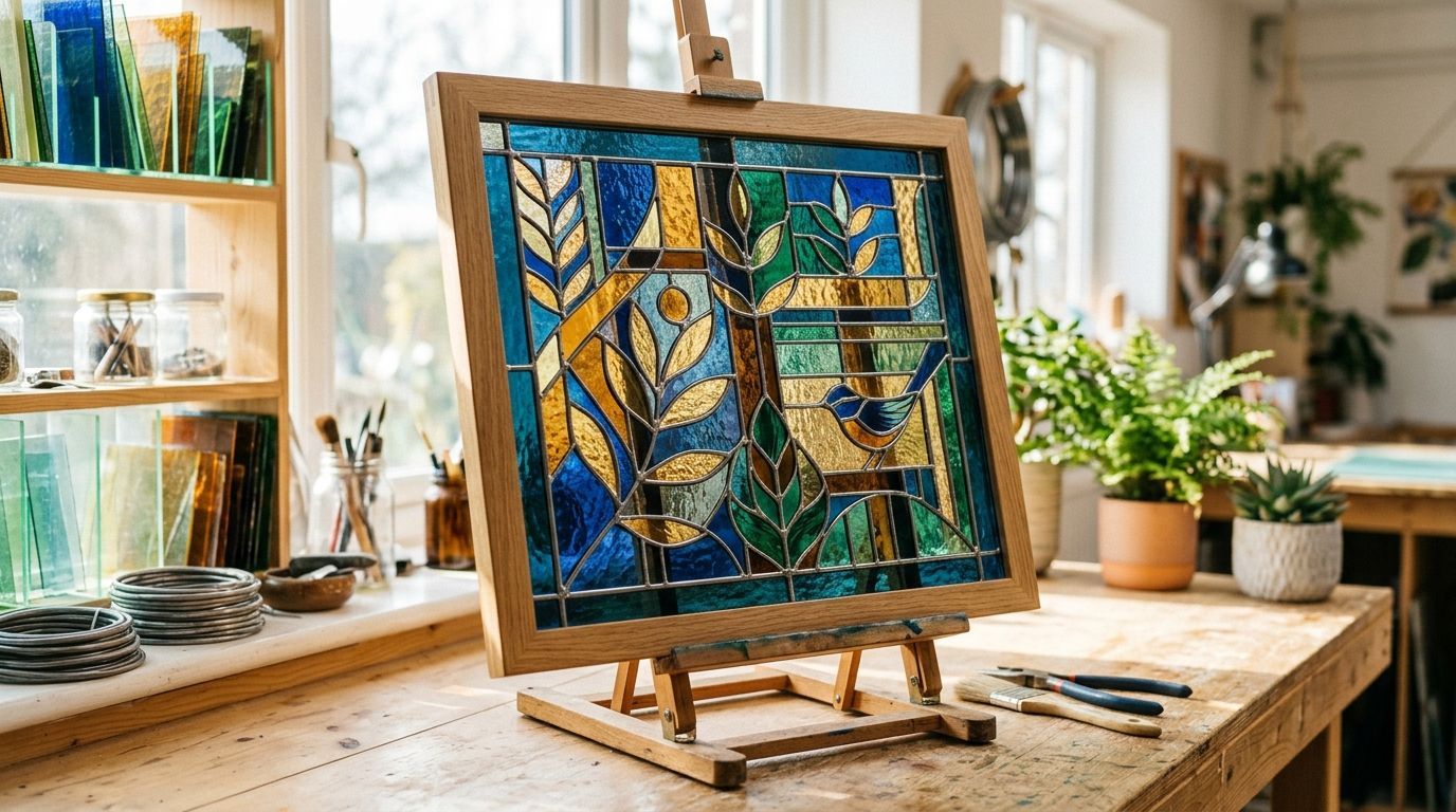 A stained-glass panel on an easel in a bright studio, with paint brushes, plants, and art supplies nearby.