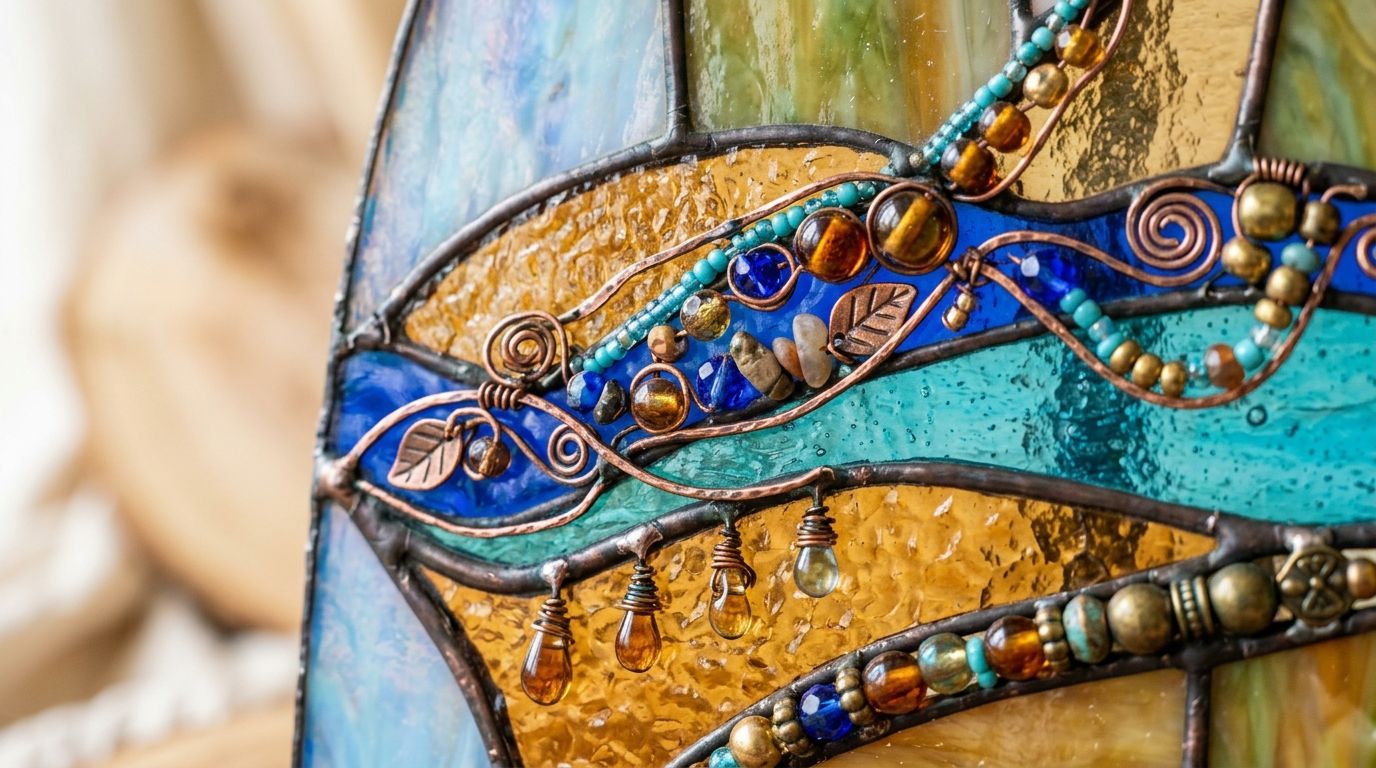 Close-up of a colorful beaded mosaic with blue, gold, and turquoise curved patterns