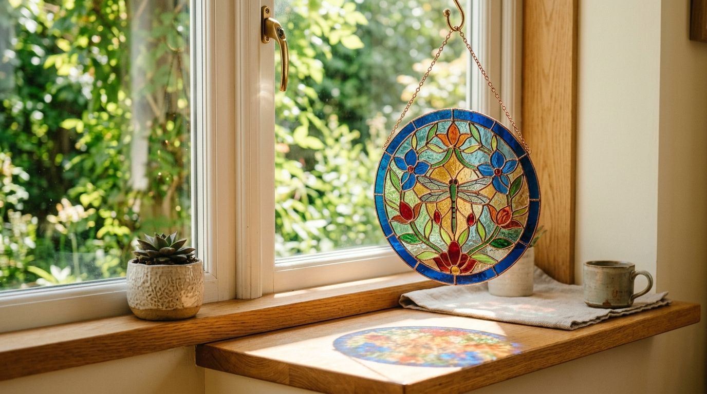 Colorful stained-glass suncatcher on a windowsill with a mug, small plant, and sunlight casting reflections