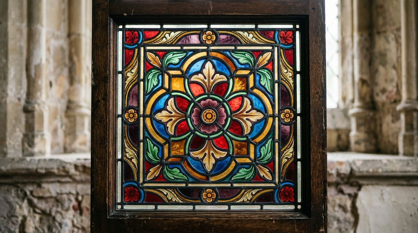 Colorful stained-glass floral window in a stone church wall