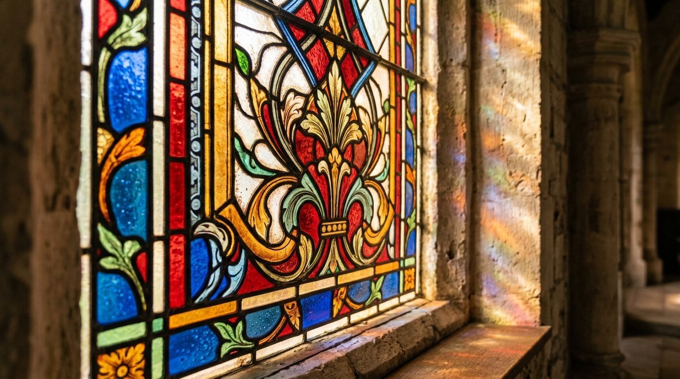 Sunlit stained-glass window with colorful floral patterns in a stone chapel interior