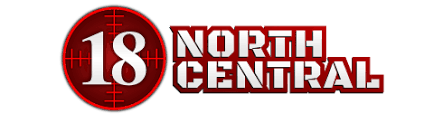 A red and white logo for 18 north central