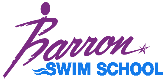 Logo for Barron Swim School with purple text, a stylized swimmer icon, a small star, and blue