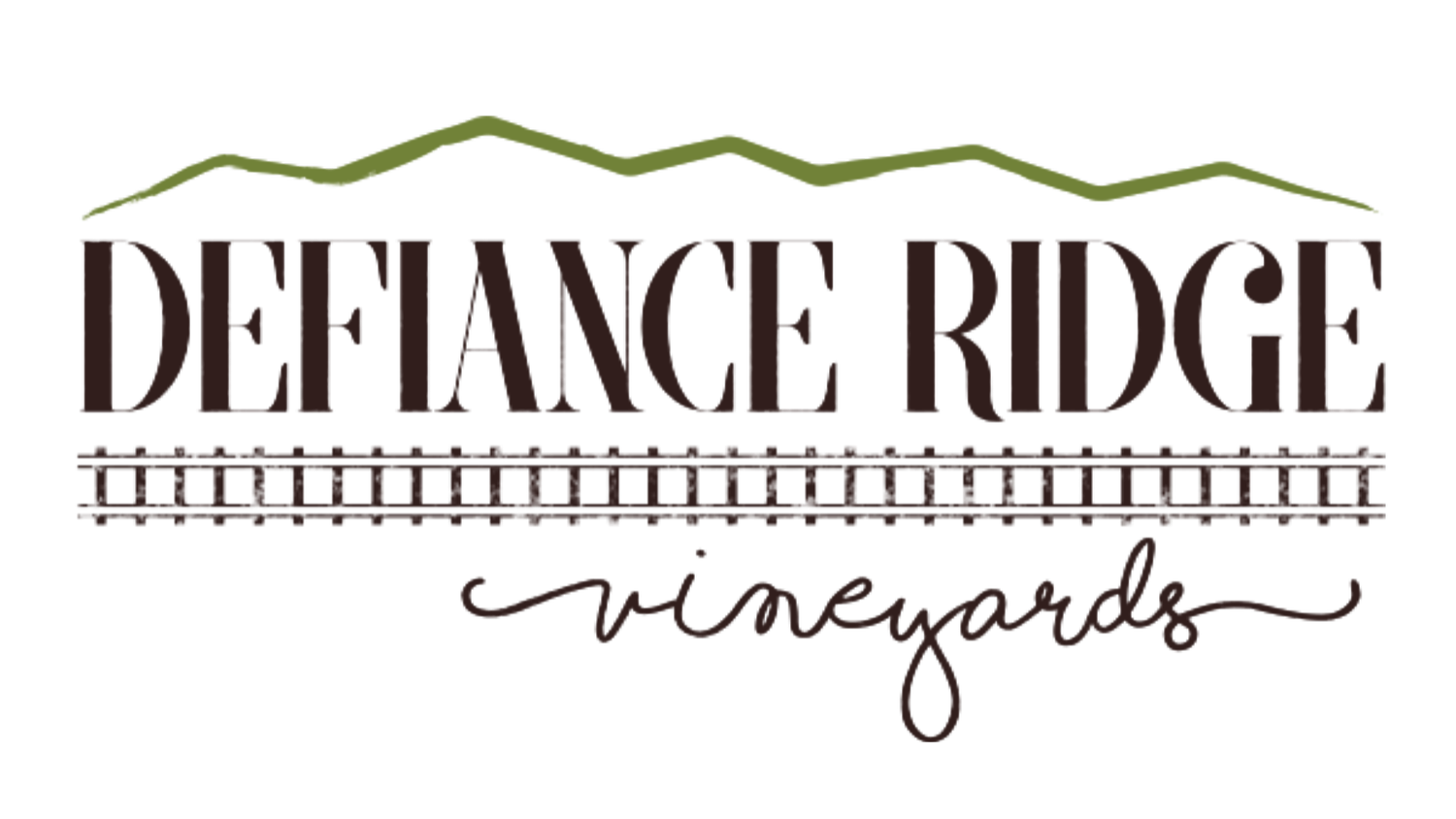 A logo for defiance ridge vineyards with a mountain in the background.