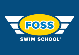 Foss swim school logo on a blue background