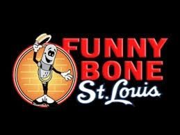 Funny Bone St. Louis logo: Cartoon bone figure holding a sandwich, red and white text.