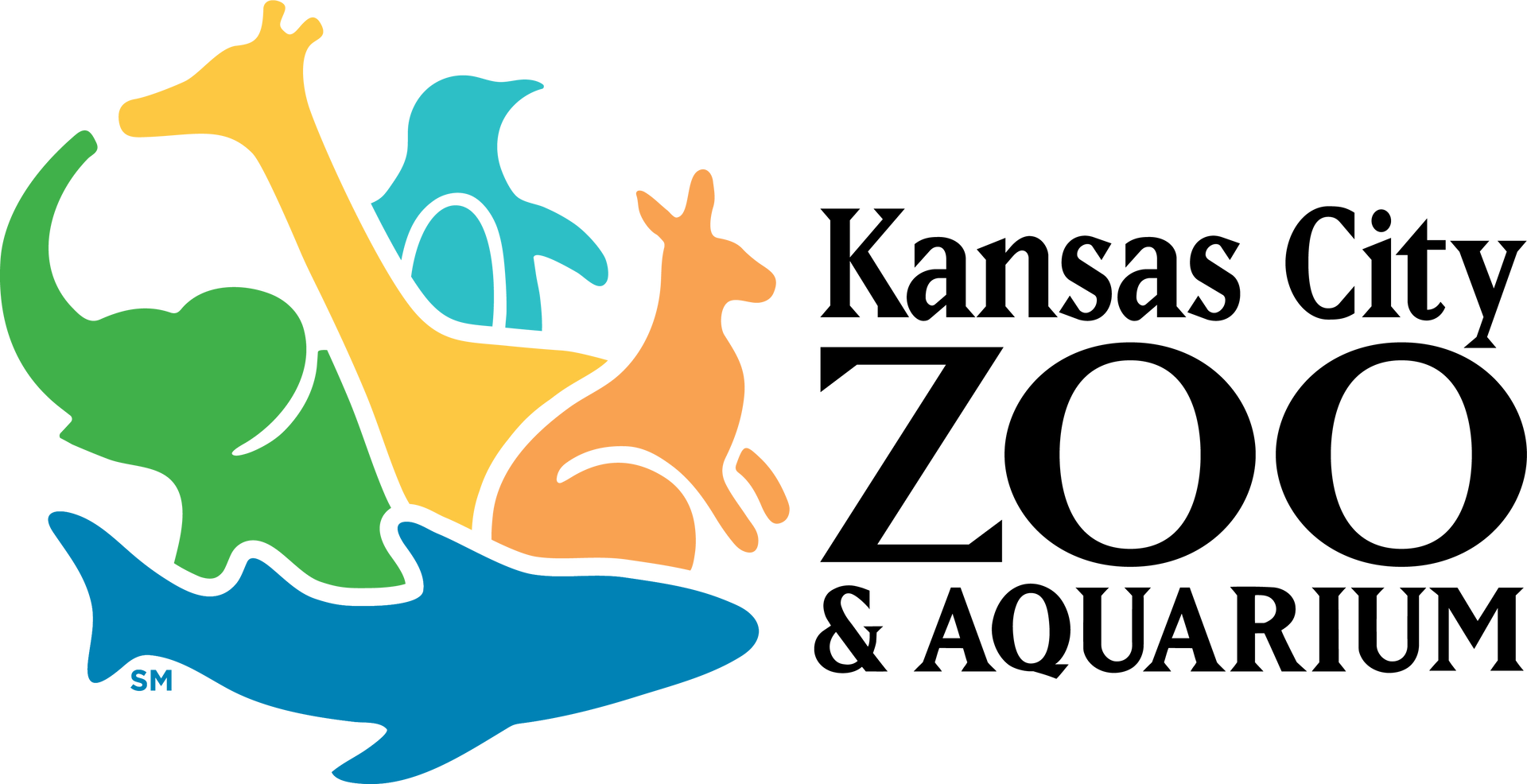 Logo for Kansas City Zoo & Aquarium, featuring silhouettes of an elephant, giraffe, penguin, kangaroo, and shark.