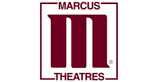 The logo for marcus theatres is red and white