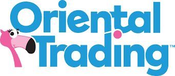 Oriental Trading Company logo featuring blue text with a pink flamingo character on the left.