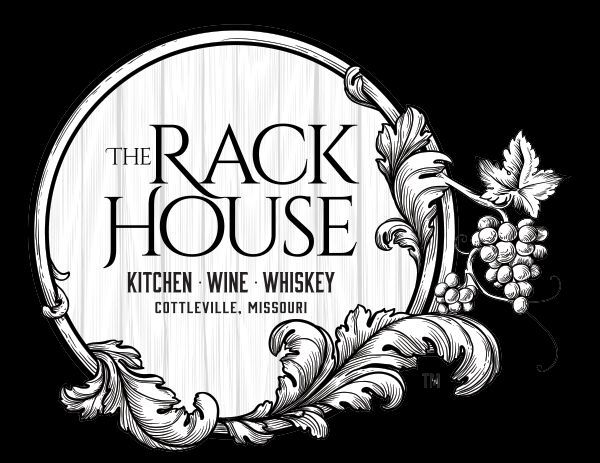A black and white logo for the rack house kitchen wine whiskey.