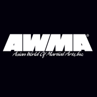 The logo for asian world of martial arts inc. is white on a black background.