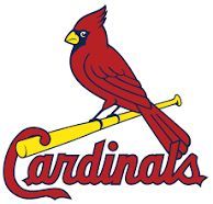The cardinals logo is a red bird sitting on a yellow baseball bat.