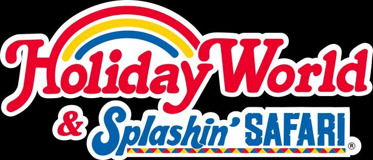 A logo for holiday world and splashin safari with a rainbow in the middle.