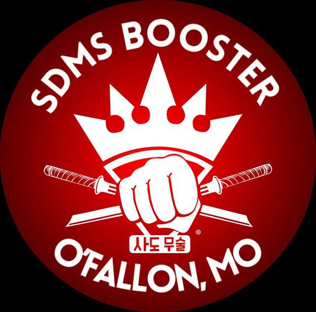 SDMS Booster logo: red circle with white crown, fist, swords, and Korean text; "O'Fallon, MO".