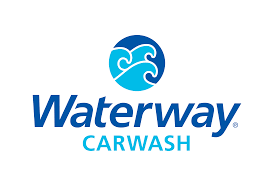 Logo for Waterway Carwash, featuring a blue circular icon with stylized waves above the text.