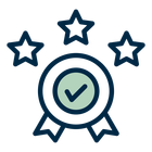A ribbon with a check mark in the middle and three stars around it.