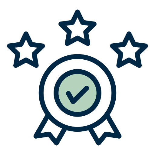 A ribbon with a check mark in the middle and three stars around it.