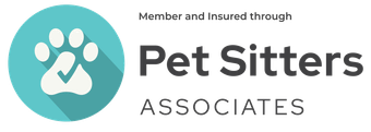 The logo for pet sitters associates is a blue circle with a paw print on it.