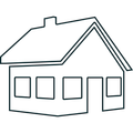 A black and white drawing of a house with square windows and a roof.