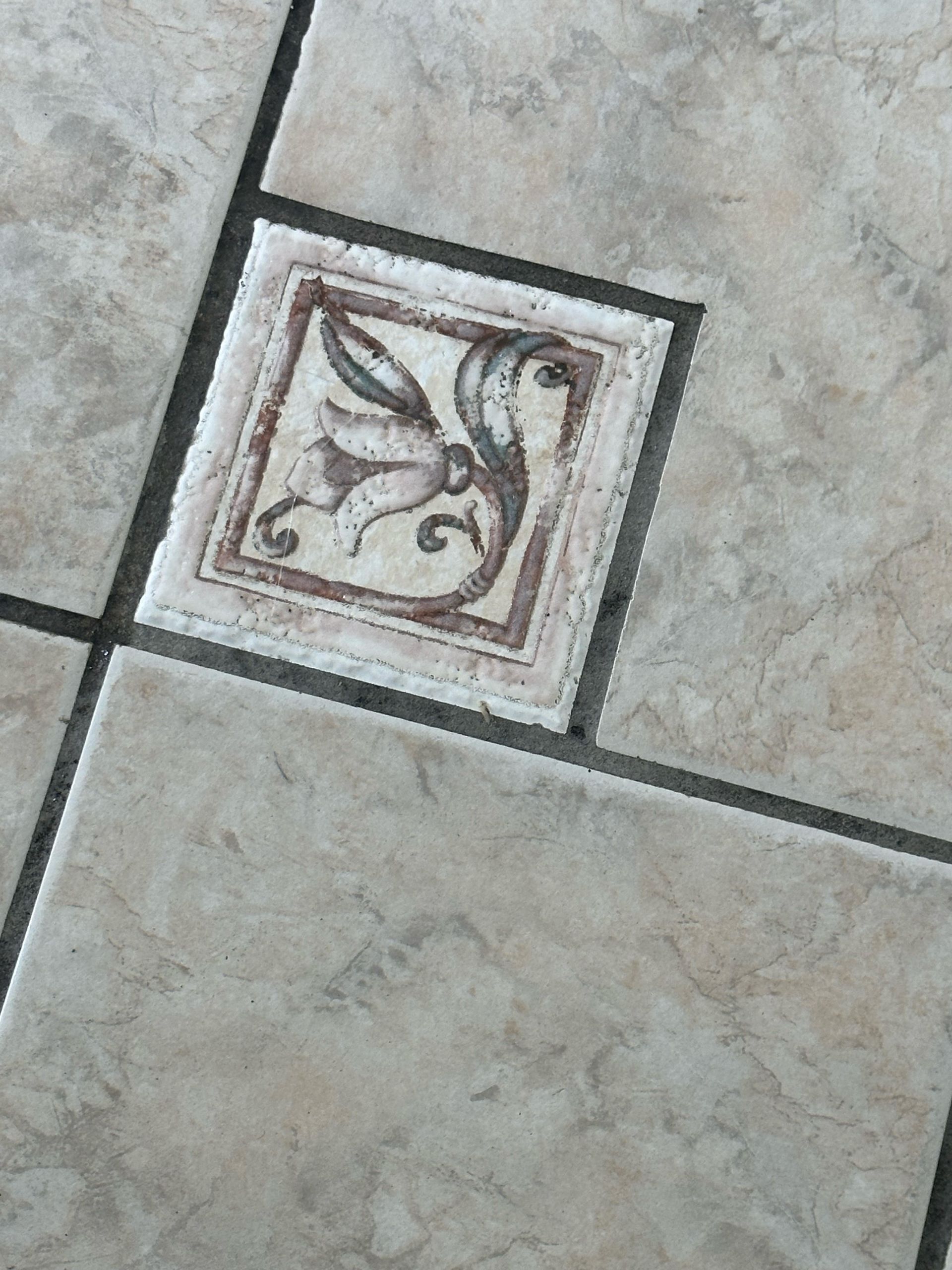 Close-up of floor tiles with a decorative center tile featuring a floral design.