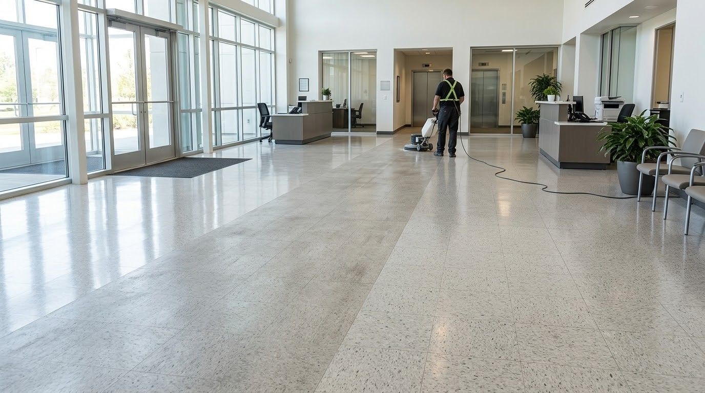 Bright hospital lobby with large windows, polished floor, and a person walking near the reception area