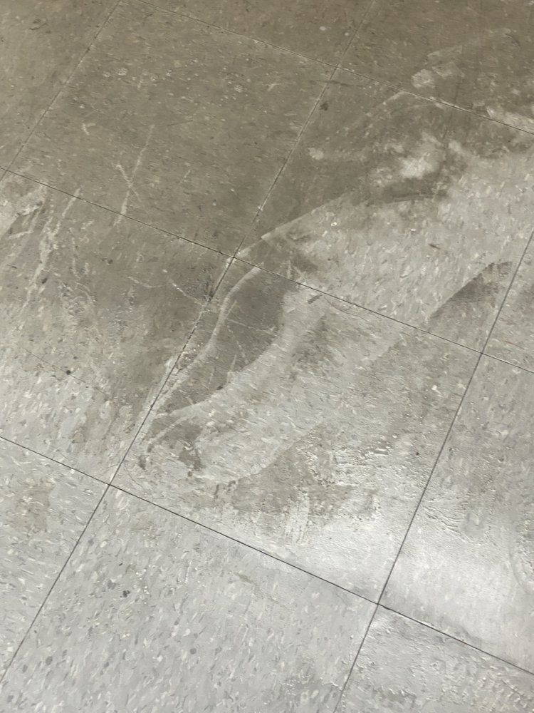 Gray tiled floor with a light-colored, patterned area, and dotted lines marking the tiles.