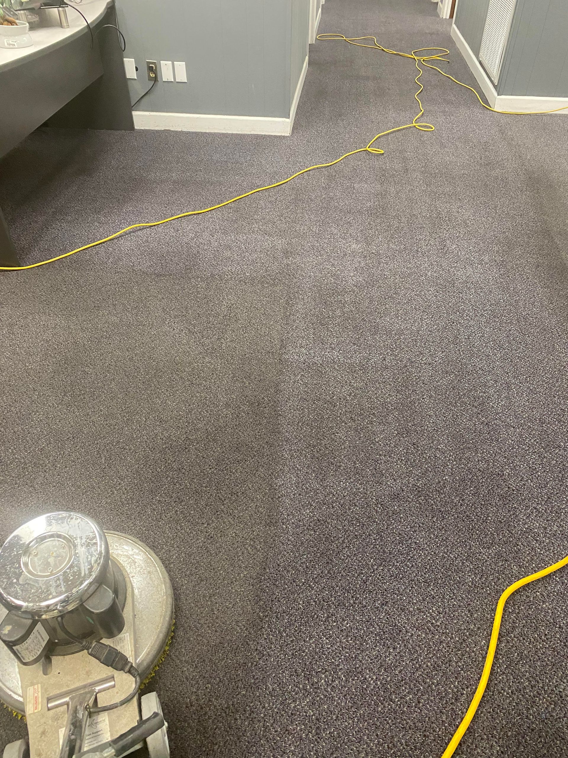 Floor cleaning machine working on a long, dark purple carpet in a hallway with white trim and gray walls.