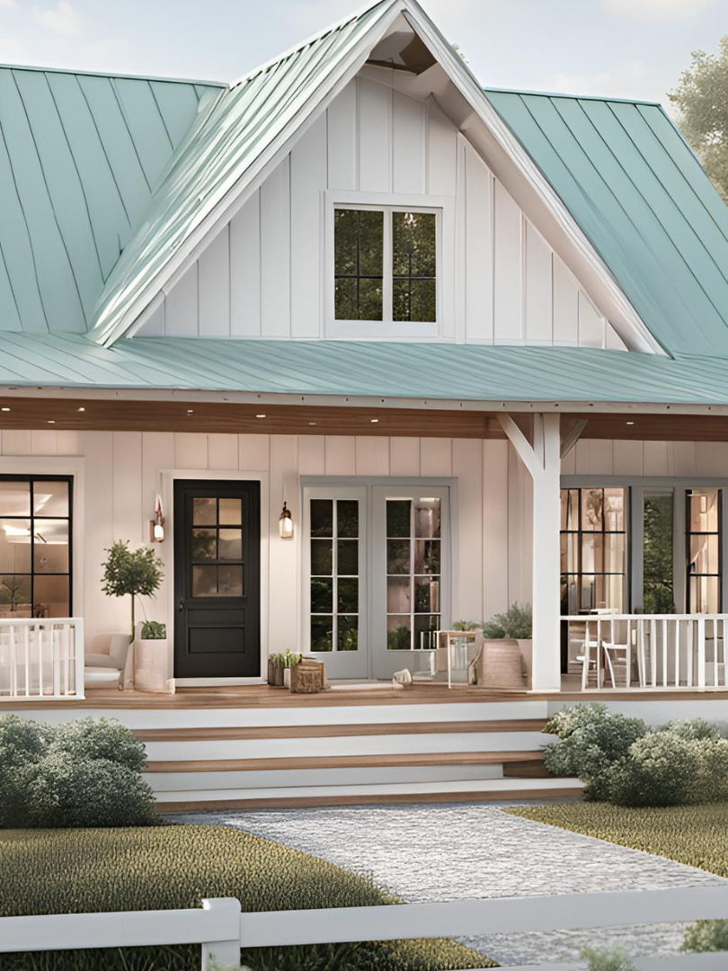 White cottage-style house with a mint green metal roof, front porch, and steps leading to the entrance