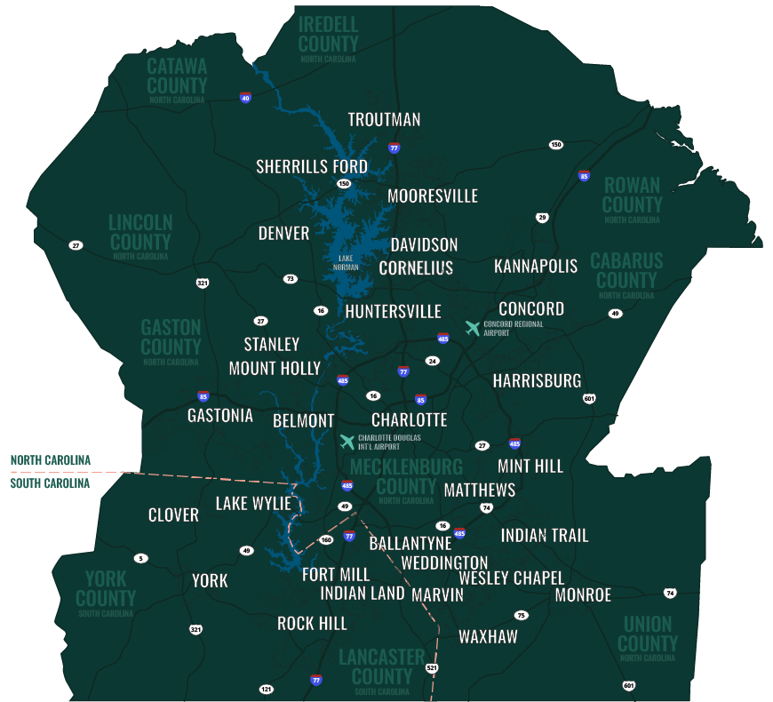 Map of North Carolina with counties labeled and city markers on a dark green background