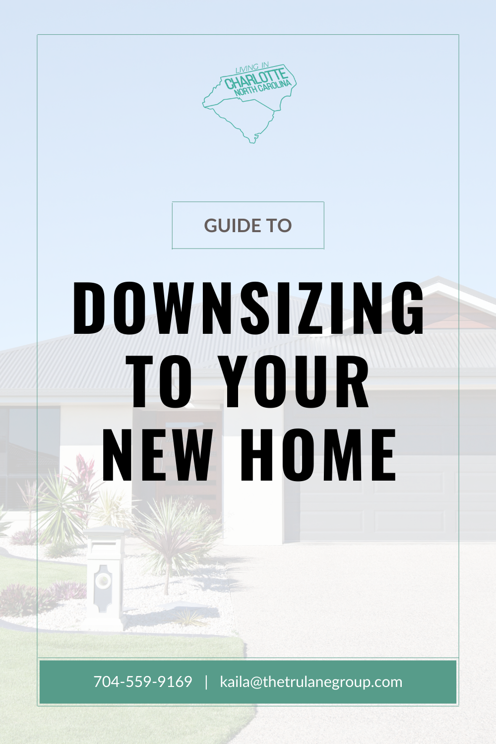 Guide to downsizing to your new home, with a house illustration and teal footer text.