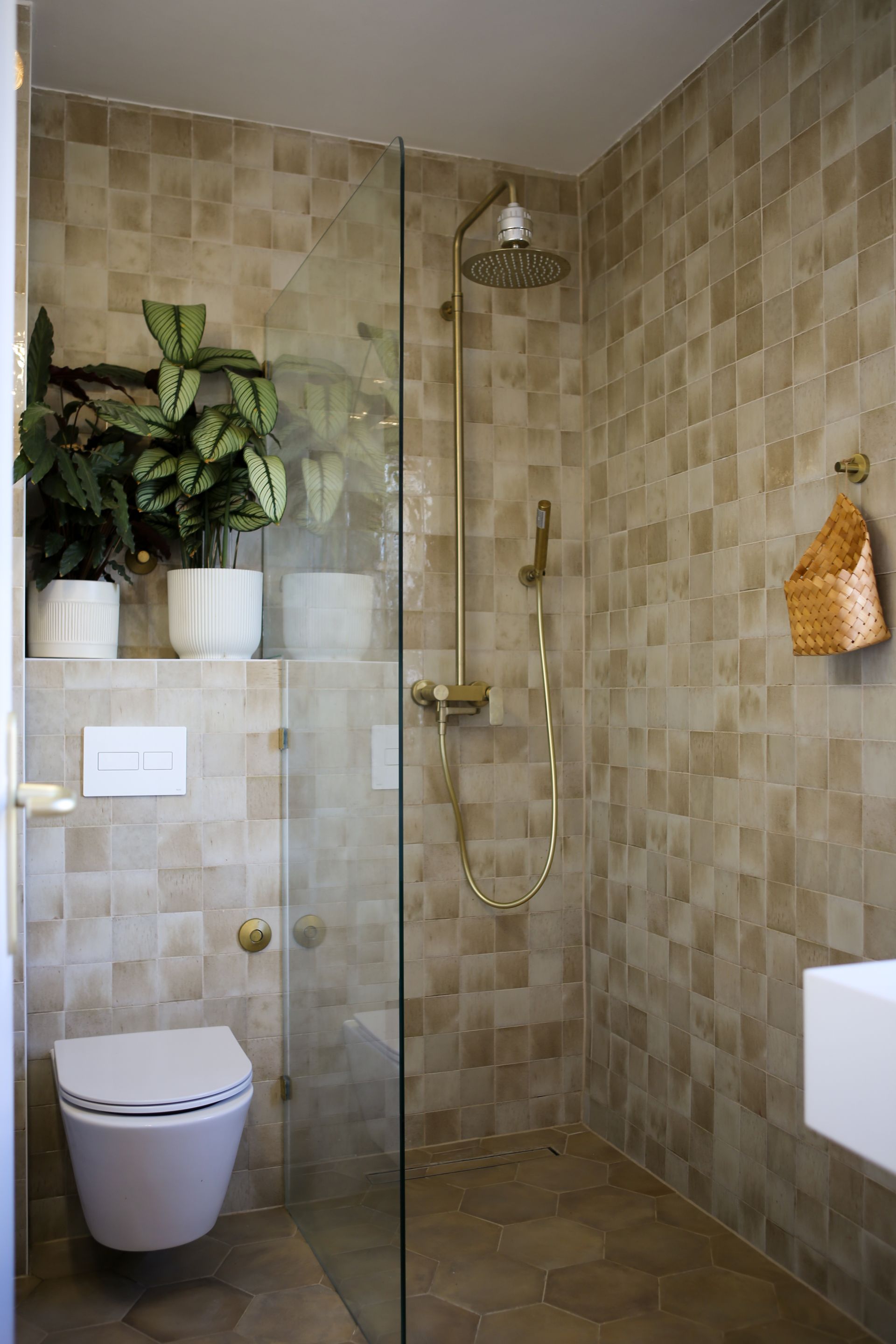 Shower stall with beige tile, glass door, gold fixtures, and a wall-mounted toilet. Plants are in pots.