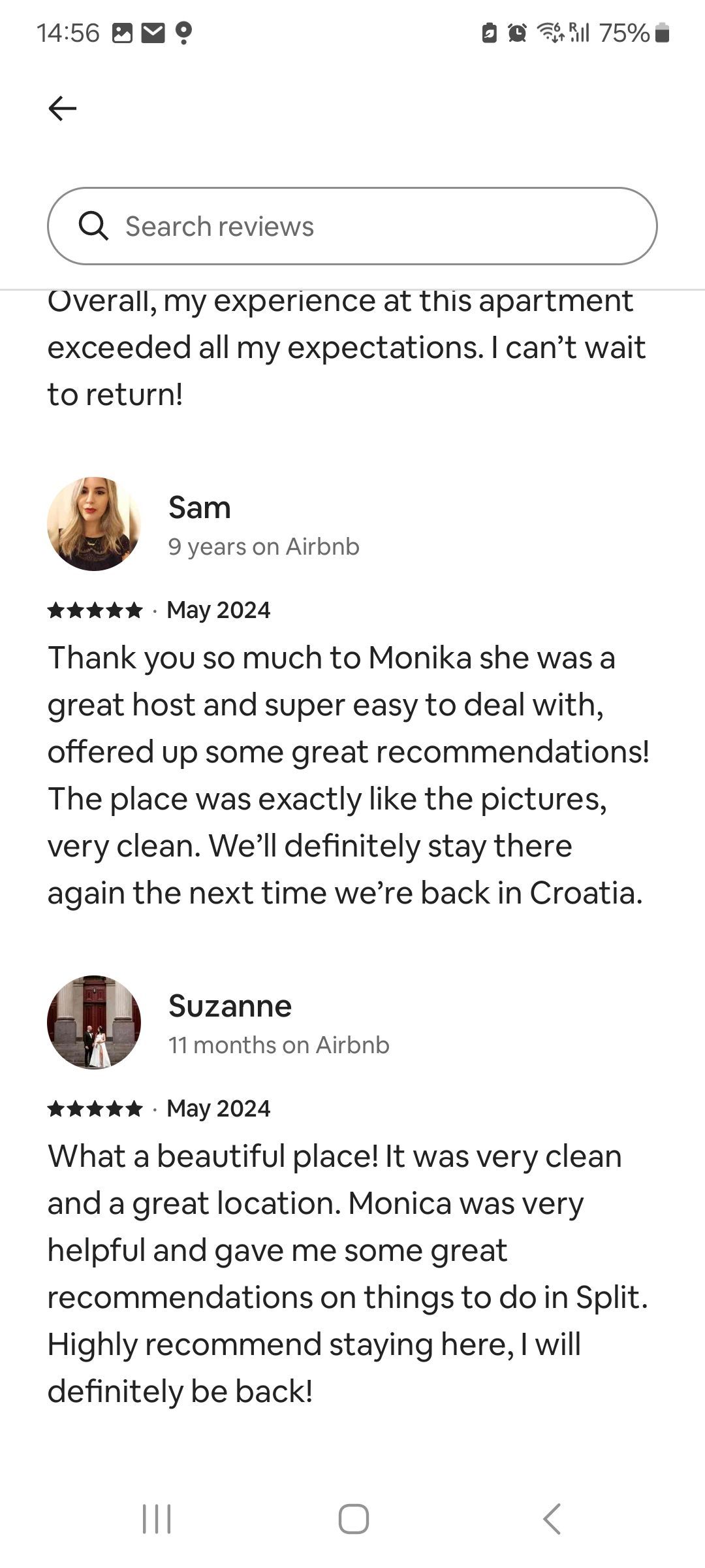 Reviews of a place. One review says it was a great experience, another says it was a very nice place.