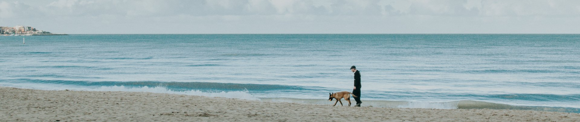 Een persoon loopt met een hond over een zandstrand vlakbij de oceaan, onder een grijze hemel.