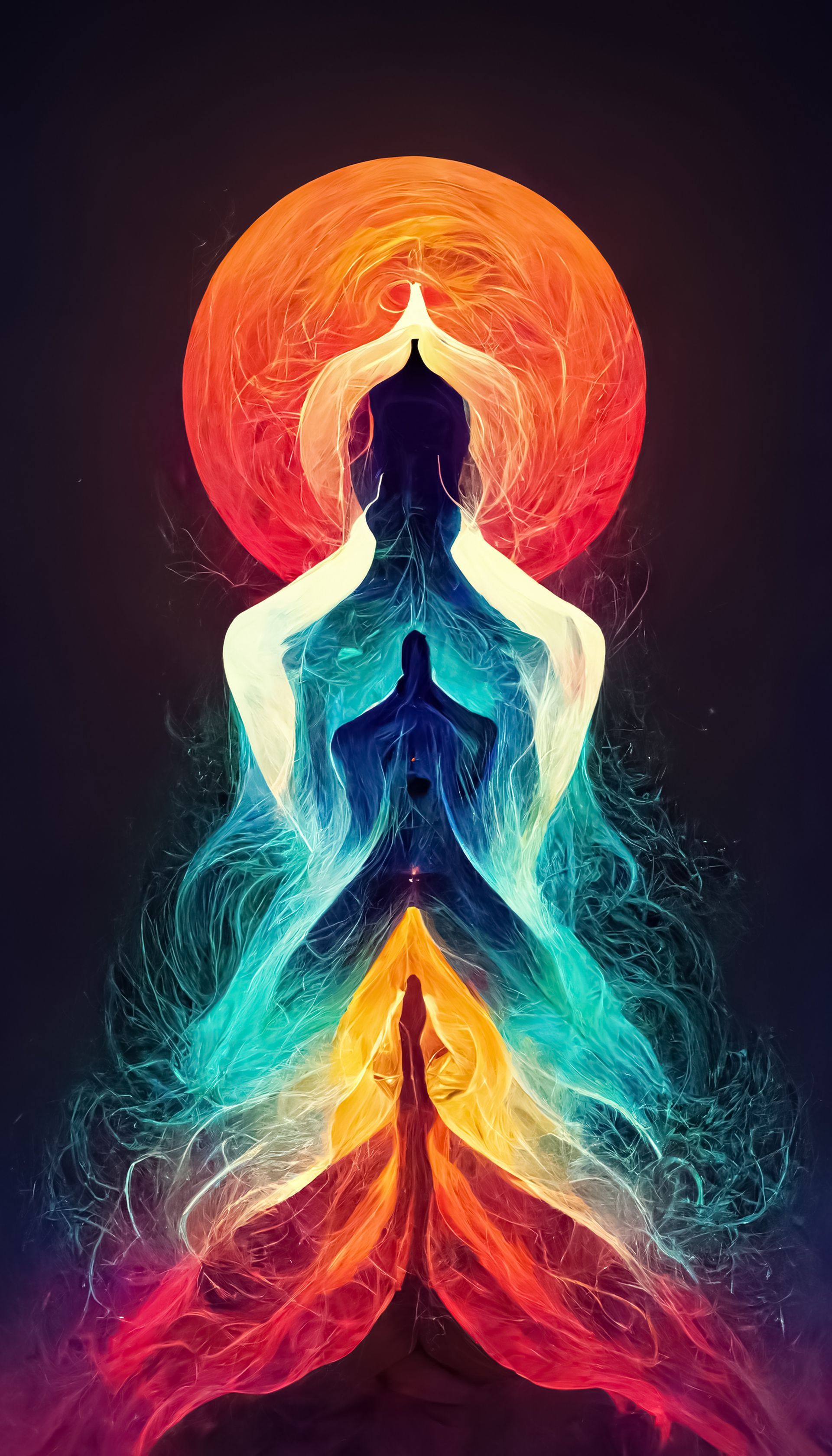 Personne en méditation, rayonnant de couleurs arc-en-ciel, auréolée d'une lueur orange.
