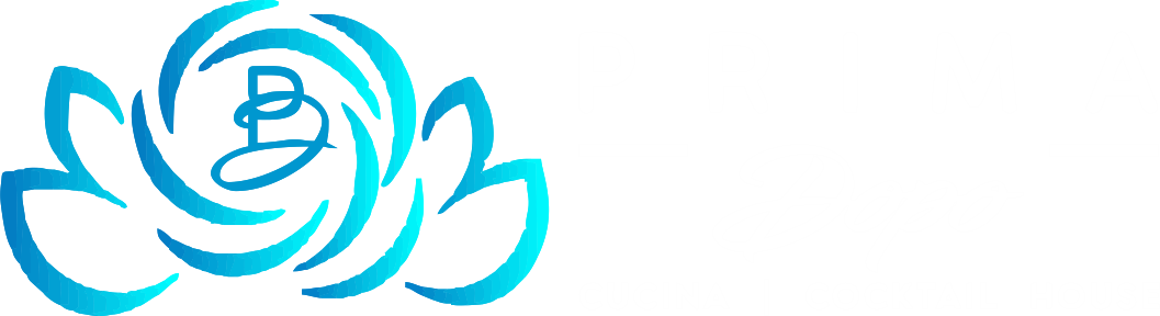 Multicolor blue flower with text prima dopo cucina & cocktail house in white text