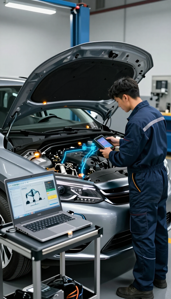 Meccanico che ispeziona il motore di un’auto in un’officina, accanto a un laptop per la diagnostica