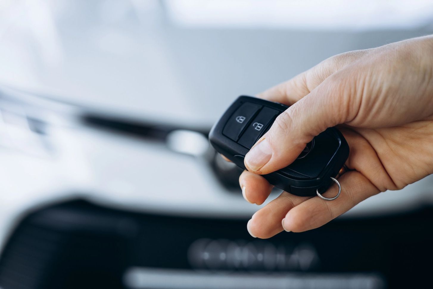 Mano che tiene in mano un portachiavi nero per auto davanti a un veicolo sfocato